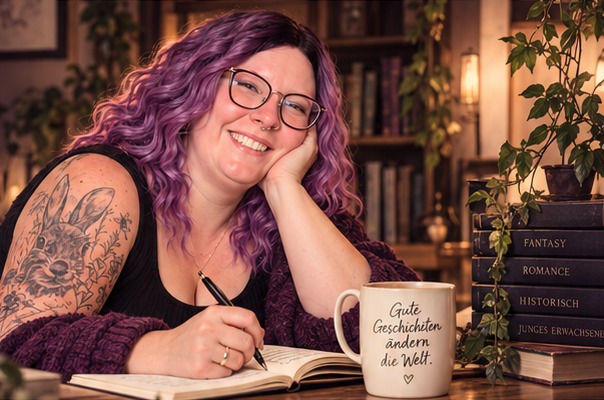 Miriam Schmoldt am Schreibtisch mit Buch und Füller